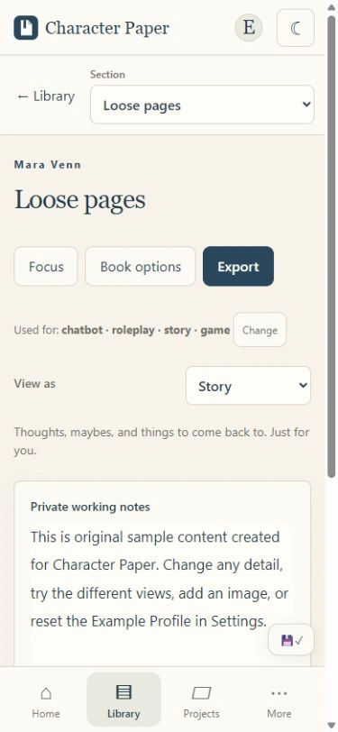 Character Paper book view with Loose pages and private working notes