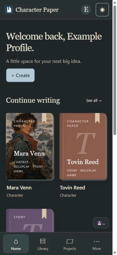 Character Paper library with character profiles and stories